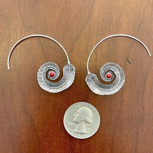 Medium Silver Feather Spiral Earrings in Red or Turquoise Blue #687 - Picture 12 of 15